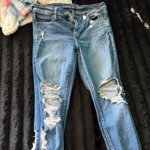 American Eagle Outfitters Women's Light Blue Ripped Skinny Jeans
